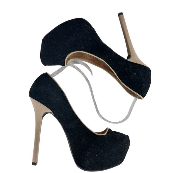 QUPID! BLACK VELVETEEN & TAN VEGAN SUEDE STILETTO PLATFORM HEELS, PUMPS! SZ 8.5M - Picture 7 of 14